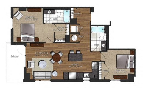 Floor plan for 2 beds, 2 baths, 1016 sqft